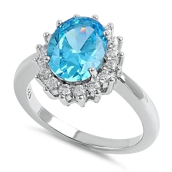 Custom Stacked Rings-Sterling Silver Aqua Blue Oval CZ Ring