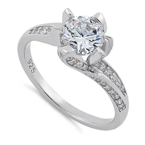 Artistic Engagement Rings-Sterling Silver Round Cut Clear CZ Ring