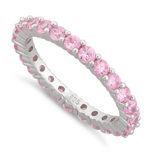 Luxury Wedding Sets-Sterling Silver Eternity Pink CZ Ring