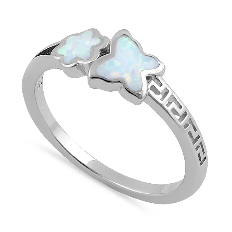 Wedding Ring with Customizable Stones-Sterling Silver White Lab Opal Greek Butterfly Flower Ring