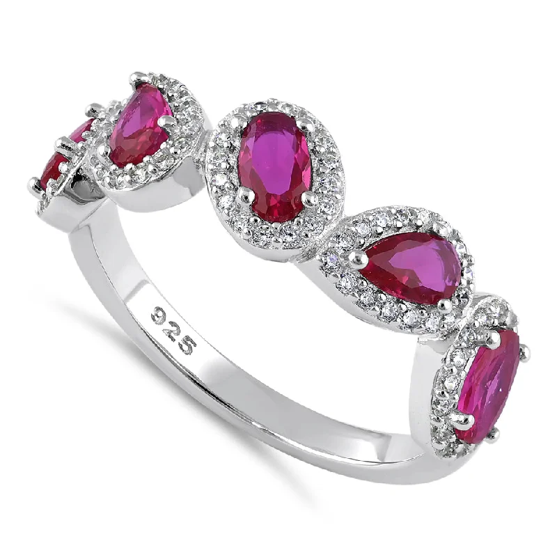 Custom Diamond Promise Rings-Sterling Silver Half Eternity Pear and Oval Halo Ruby and Clear CZ Ring