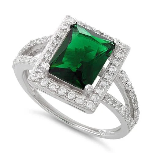 Personalized Gold Rings for Men-Sterling Silver Emerald Rectangular Halo CZ Ring