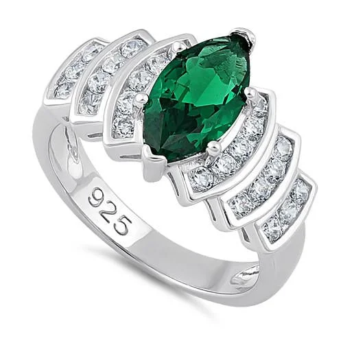 Wedding Rings with Unique Design-Sterling Silver Marquise Cut Emerald CZ Ring