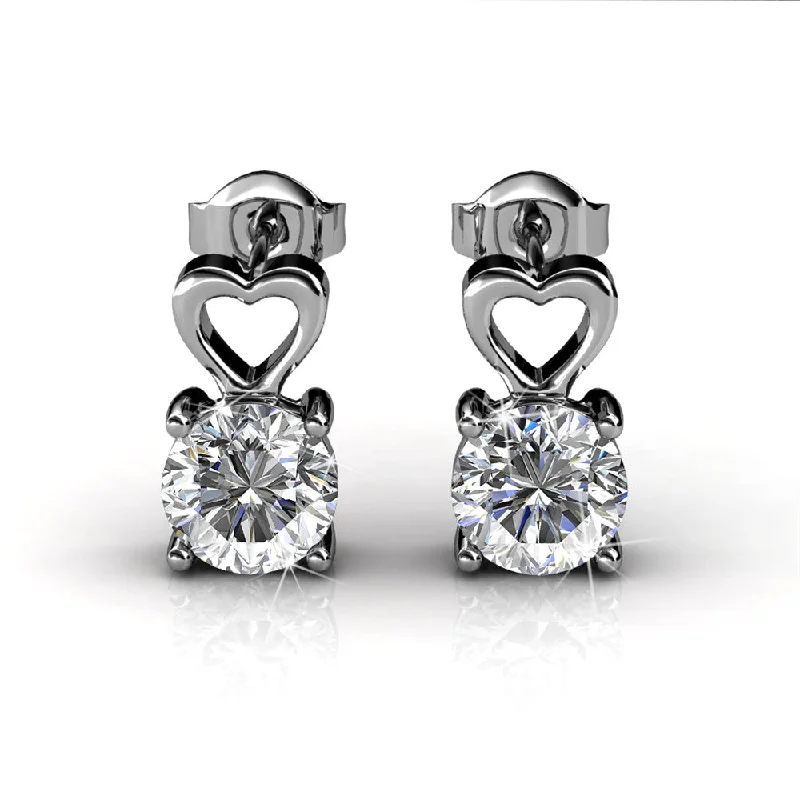 Fancy Gold Earrings-Marian 18k White Gold Heart Earrings with Round Cut Swarovski Crystals