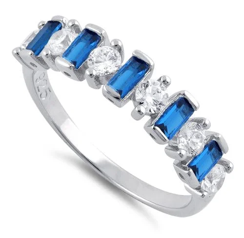 Couples Rings Sets-Sterling Silver Round & Baguette Blue Sapphire CZ Ring