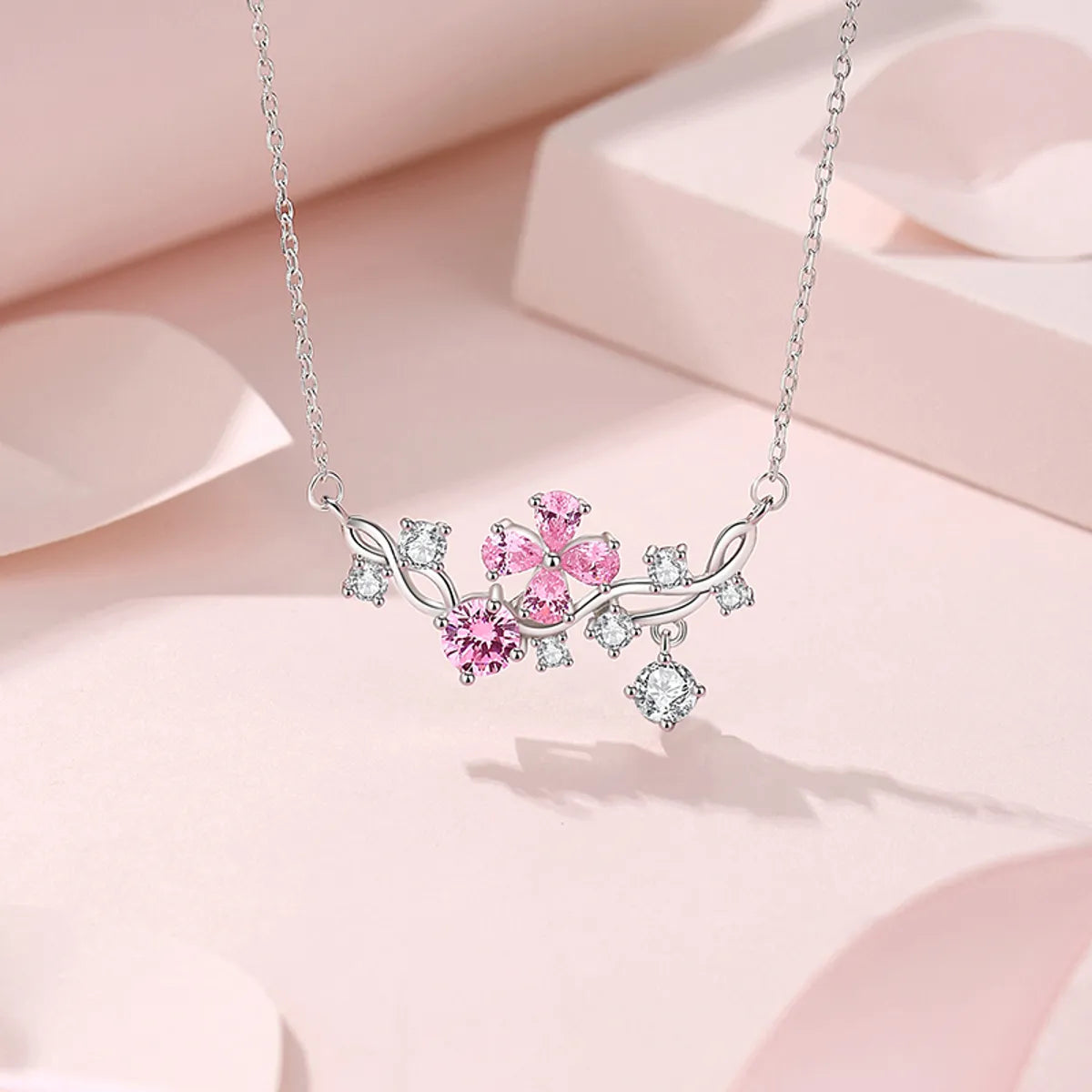 Creative Necklaces-Shiny Flower Sterling Silver Polishing Plating Inlay Zircon Necklace