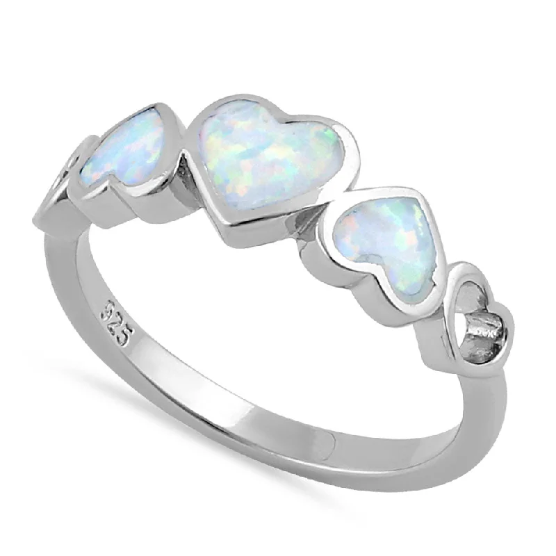 Wedding Rings with Custom Stones-Sterling Silver White Lab Opal Sequence of Hearts Ring