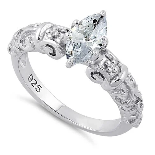 Custom Diamond Engagement Rings-Sterling Silver Wild Vines Marquise Cut Clear CZ Ring