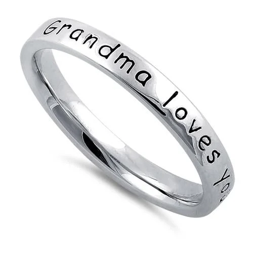 Luxury Diamond Wedding Bands-Sterling Silver "Grandma Loves You With All Her Heart" Ring