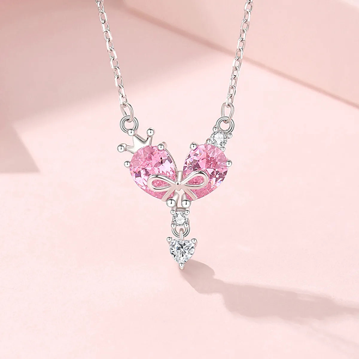 Adjustable Pendant Chain Necklaces-Ig Style Shiny Heart Shape Crown Bow Knot Sterling Silver Polishing Plating Inlay Zircon Pendant Necklace