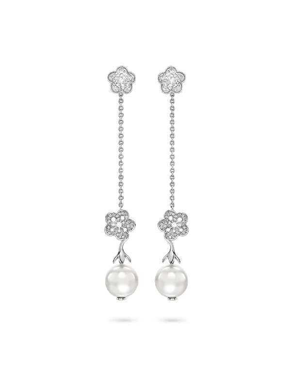 Chunky Silver Earrings-Blossom White Gold Detachable Pearl Drop Earrings