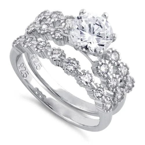 Diamond Wedding Bands-Sterling Silver Clear Round Cut Engagement CZ Set Ring