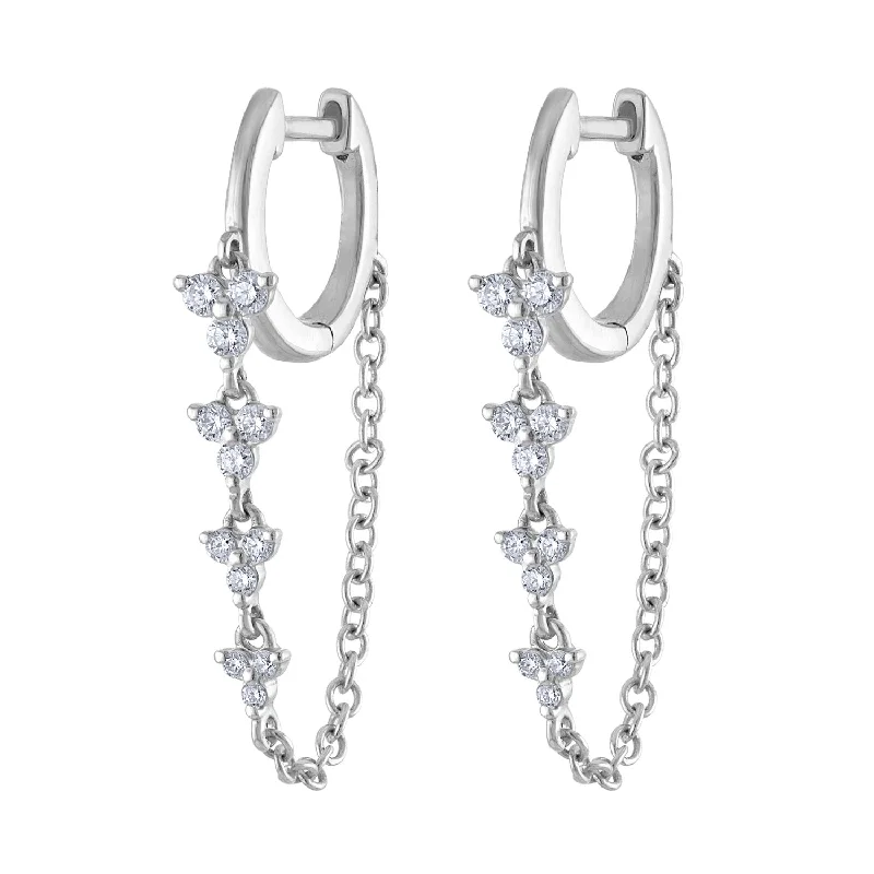 Modern Crystal Hoop Earrings-14KT GOLD HUGGIE WITH DIAMOND TRIO CHAIN EARRING