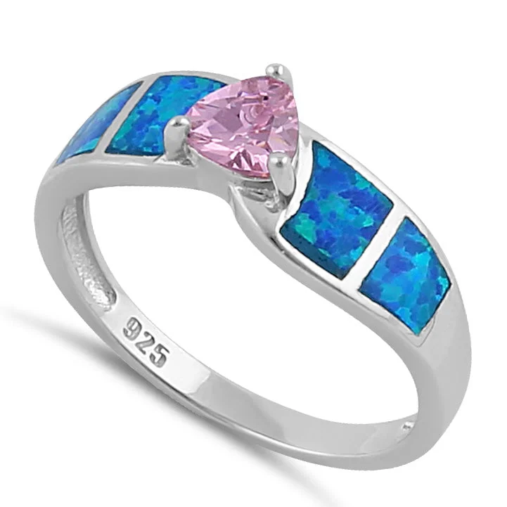 Retro Engagement Rings-Sterling Silver Pink Center Trillion Cut Stone Blue Lab Opal Ring