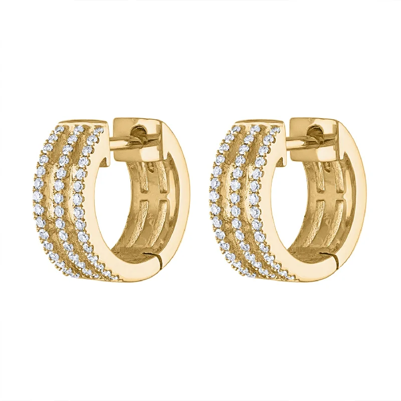 Lightweight Crystal Earrings-14KT GOLD DIAMOND THREE LINE HUGGIE