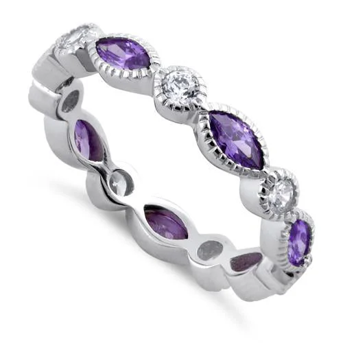 Stackable Rings for Women-Sterling Silver Round & Marquise Amethyst CZ Eternity Ring