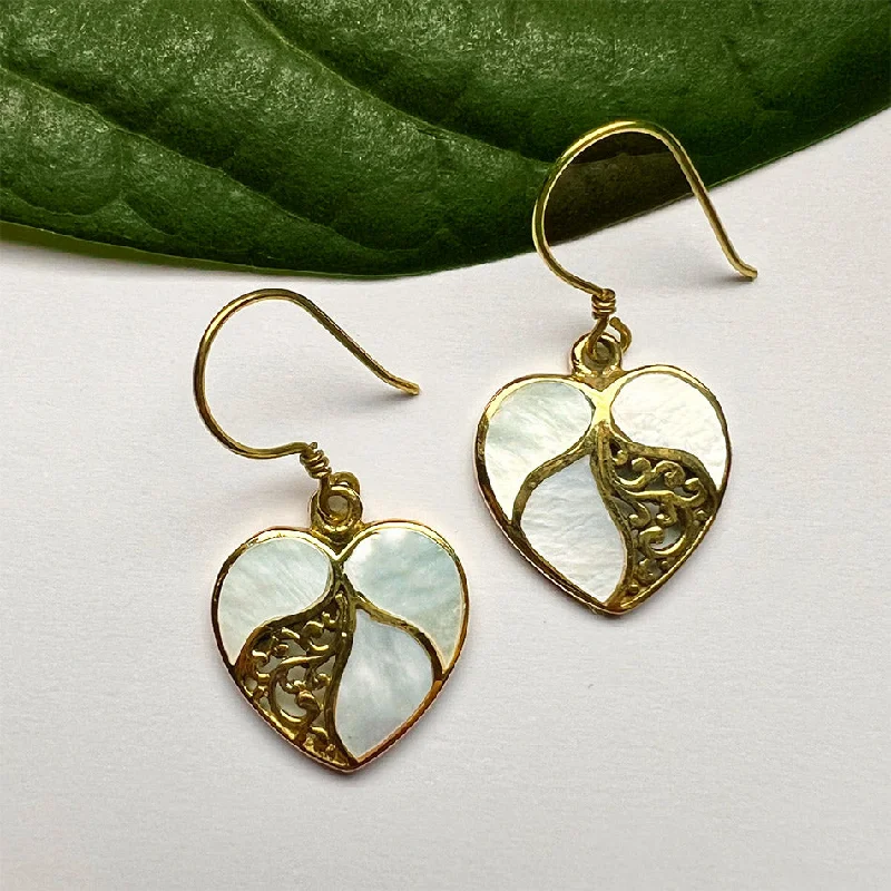 Vintage Gemstone Earrings-Mother-of-Pearl Heart Earrings - Brass, Indonesia