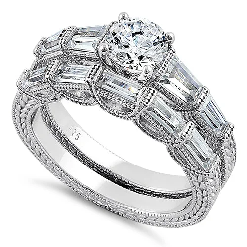 Men’s Engagement Rings-Sterling Silver Baguette 2-Piece CZ Engagement Ring