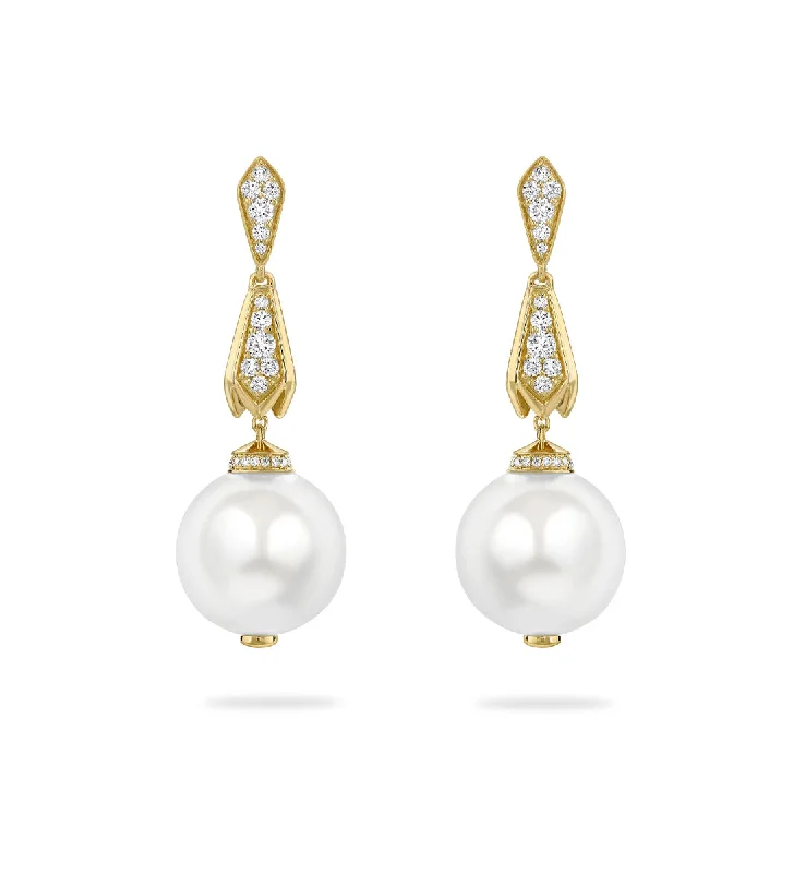 Large Diamond Earrings-Secret Garden Pearl Diamond Yellow Gold Drop Earrings