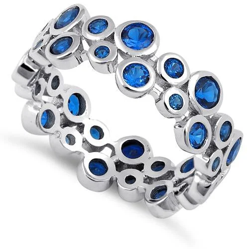 Designer Wedding Sets-Sterling Silver Eternity Bubbles Blue Spinel CZ Ring