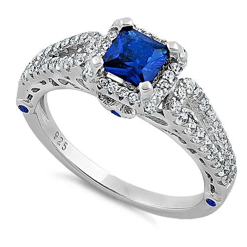 Custom Wedding Band Sets-Sterling Silver Princess-Cut Blue CZ Ring