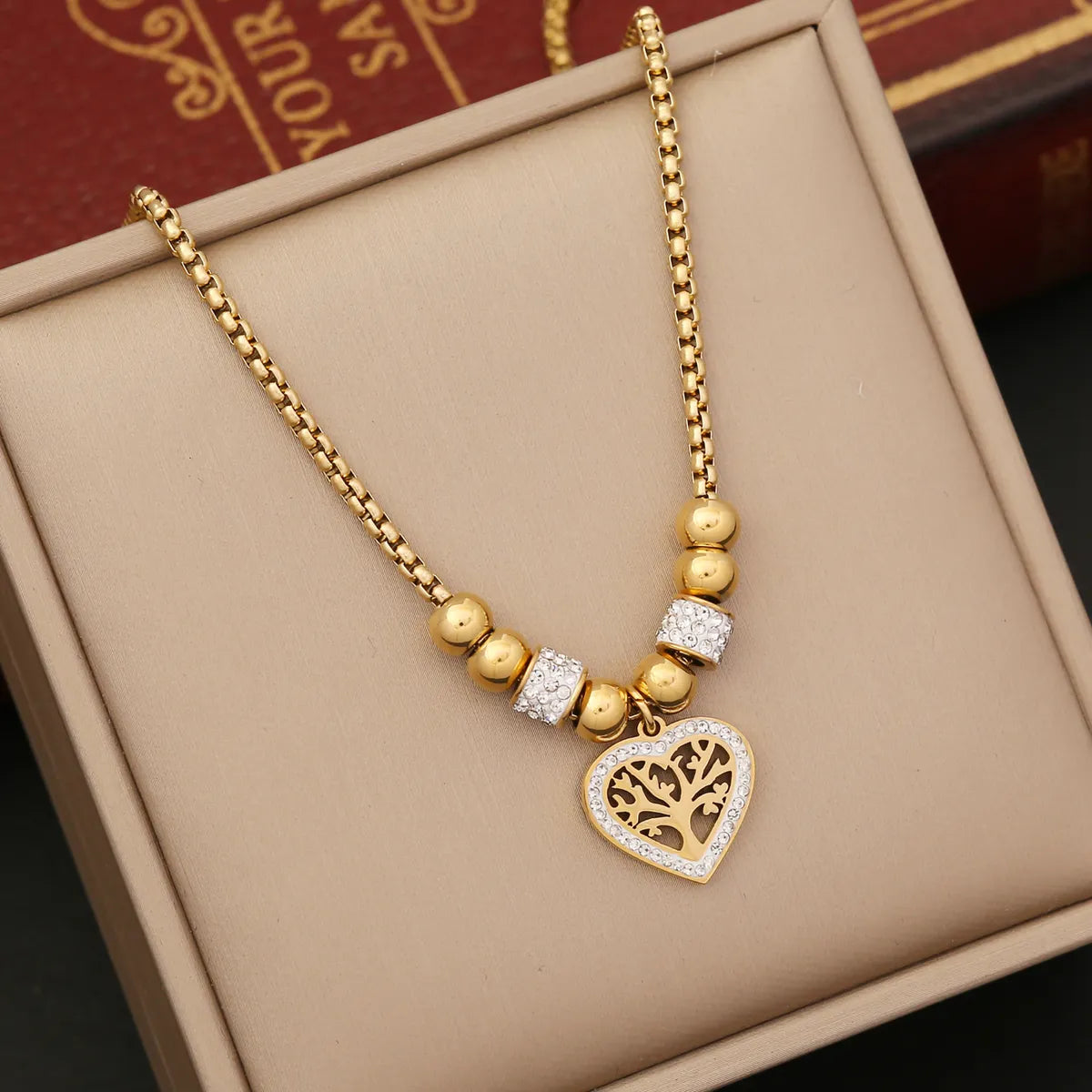 Birthstone Pendant Necklaces-Casual Vintage Style Tree Heart Shape Titanium Steel Plating Hollow Out Inlay Zircon 18k Gold Plated Pendant Necklace