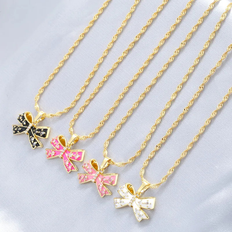 Cute Gold Necklaces-Copper 18K Gold Plated IG Style Casual Sweet Enamel Plating Inlay Bow Knot Zircon Pendant Necklace