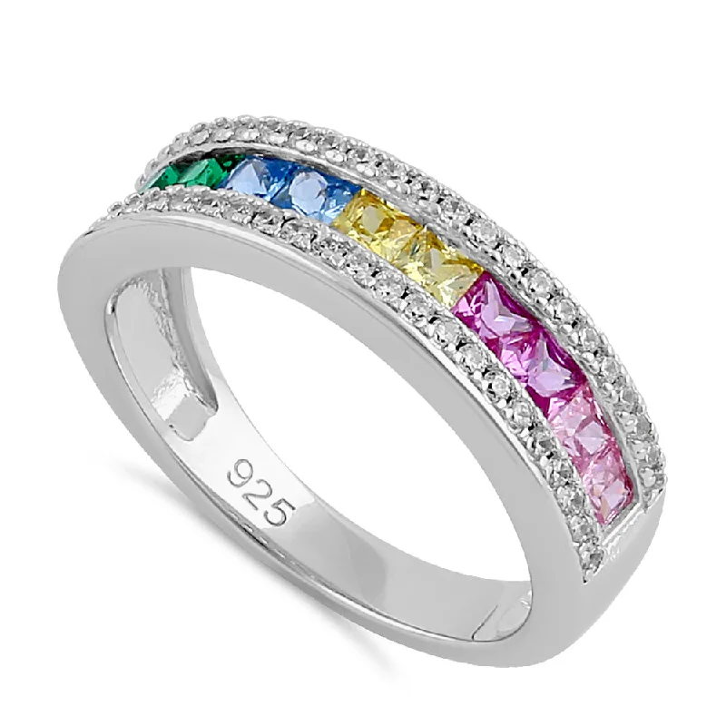 Men’s Wedding Rings with Engraving-Sterling Silver Rainbow CZ Band Ring