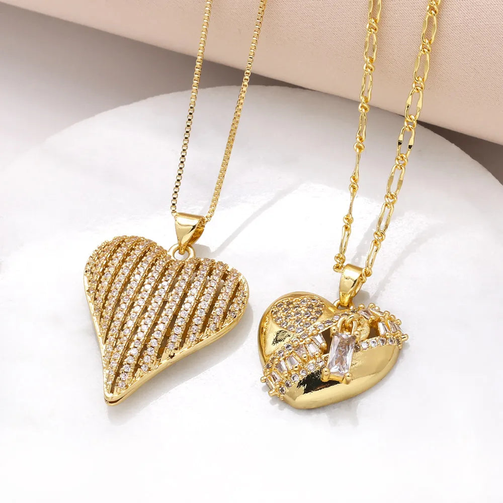 Men's Necklaces-201 Stainless Steel Copper 18K Gold Plated Inlay Heart Shape Zircon Pendant Necklace