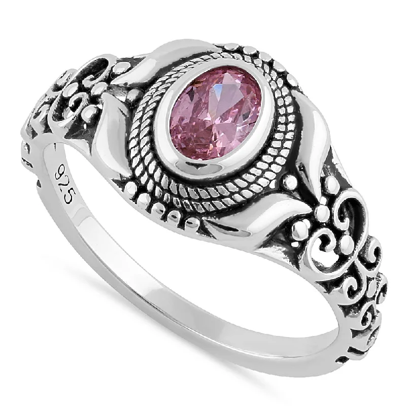 Personalized Wedding Rings-Sterling Silver Austere Oval Cut Pink CZ Ring