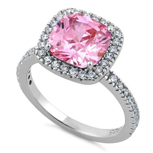 Modern Diamond Rings-Sterling Silver Cushion Cut Pink CZ Ring