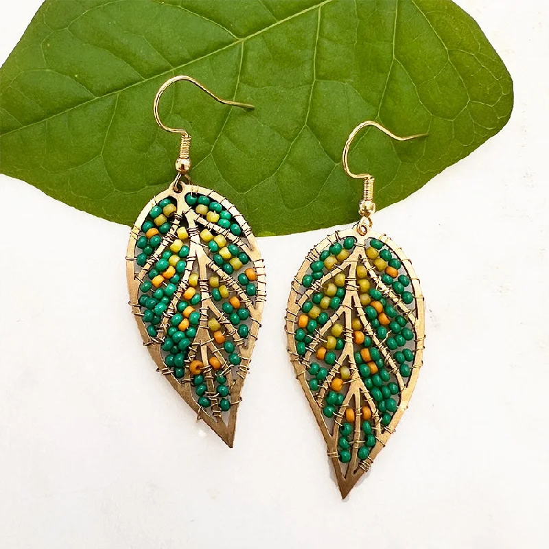 Silver and Pearl Earrings-Beaded Leaf Earrings - Green, Guatemala