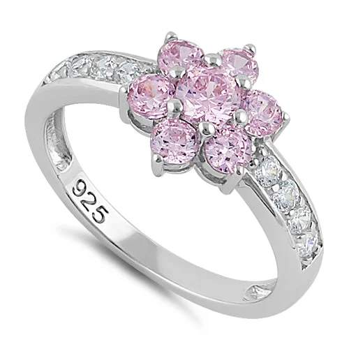 Luxury Engagement Rings-Sterling Silver Pink Plumeria Flower CZ Ring