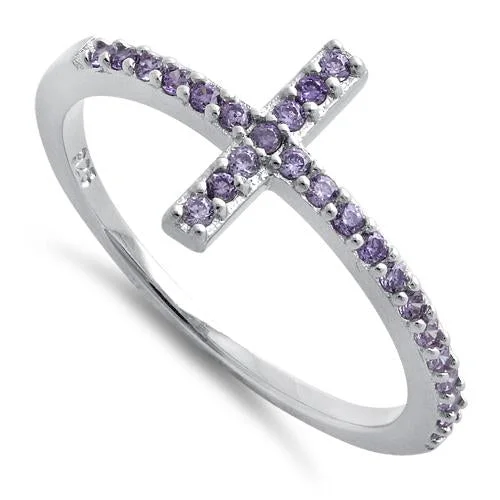 Simple Promise Wedding Rings-Sterling Silver Cross Amethyst CZ Ring