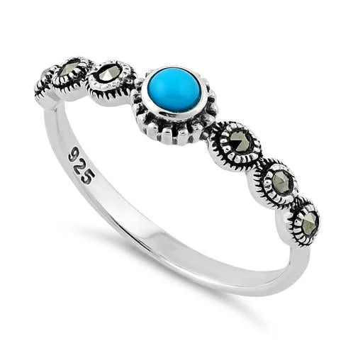 Simple Silver Wedding Rings-Sterling Silver Small Round Simulated Turquoise Marcasite Ring