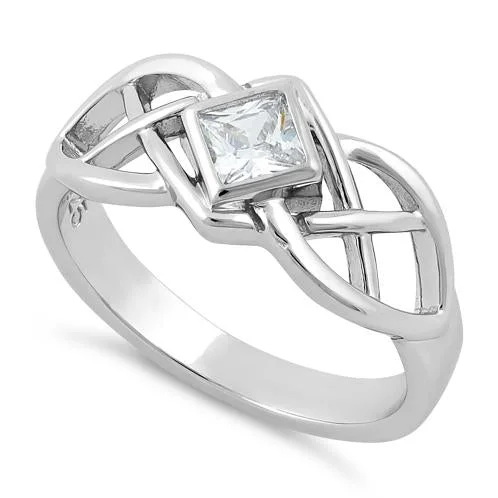 Retro Engagement Rings-Sterling Silver Clear CZ Celtic Ring