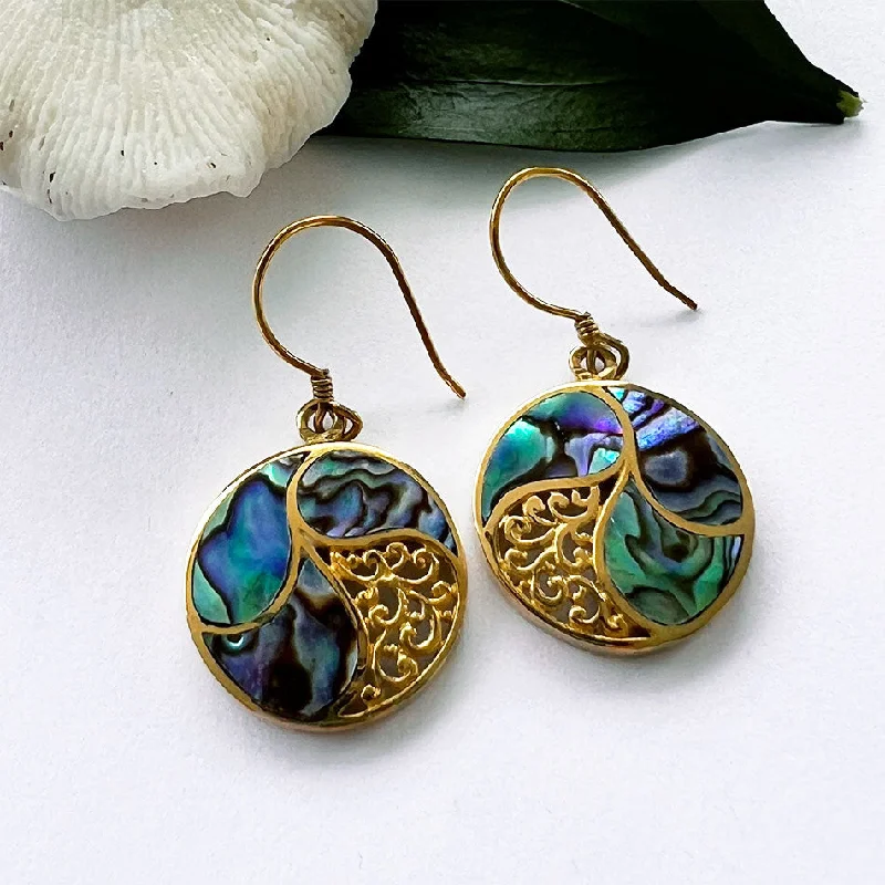 Classic Hoop Drop Earrings-Abalone Filigree Earrings - Brass, Indonesia