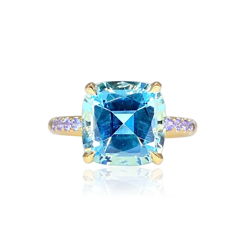 Wedding Ring Sets-Cirque Blue Topaz Cushion with Tanzanite Band Ring