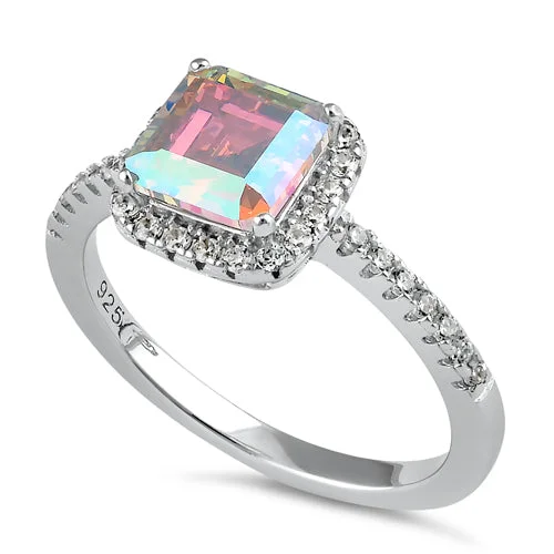 Vintage Wedding Bands-Sterling Silver Chic Square Halo Iridescent Rainbow CZ Ring