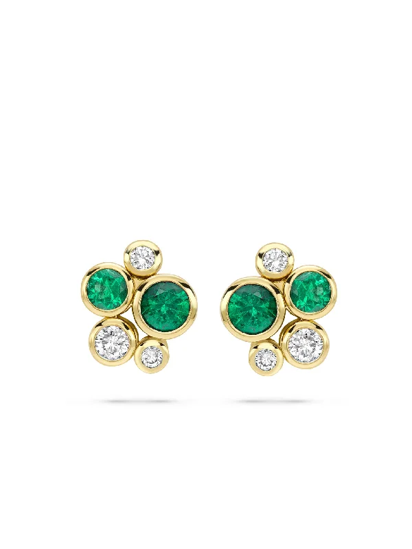 Colored Stone Hoop Earrings-Raindance Cluster Emerald Yellow Gold Stud Earrings