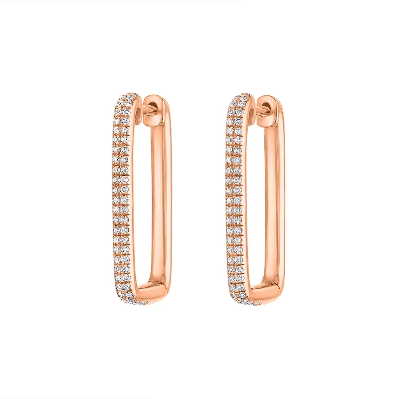 Bright Gemstone Earrings-14KT GOLD PAVE DIAMOND MEDIUM RECTANGLE HOOP