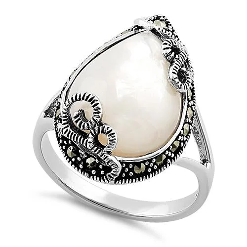 Women’s Vintage Wedding Rings-Sterling Silver Pear Shape Mother of Pearl Marcasite Ring