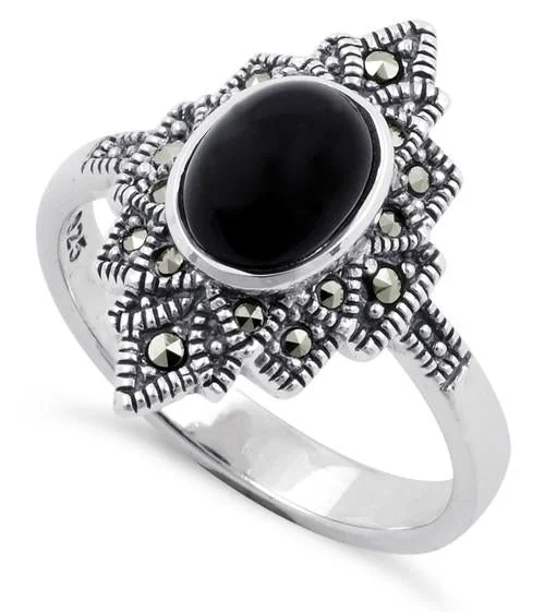 Men’s Vintage Rings-Sterling Silver Black Onyx Star Marcasite Ring