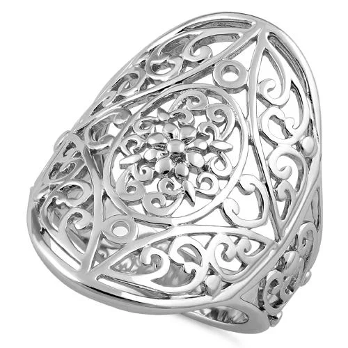 Custom Promise Rings-Sterling Silver Extravagant Flower Vines Ring