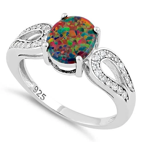 Vintage Engagement Rings with Diamonds-Sterling Silver Black Oval Lab Opal CZ Ring