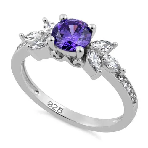 Personalized Engagement Band-Sterling Silver Flower Leaves Dark Violet CZ Ring