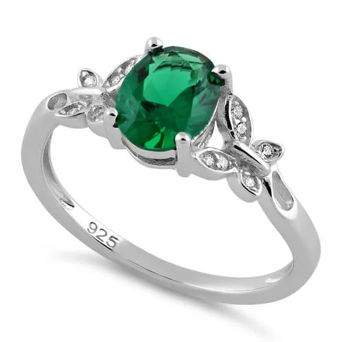 Personalized Gold Rings for Men-Sterling Silver Double Butterfly Emerald Center Stone CZ Ring