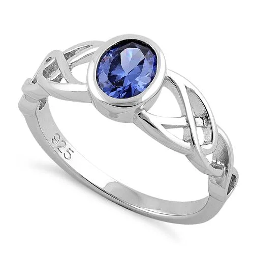 Men’s Engagement Rings-Sterling Silver Oval Tanzanite CZ Celtic Ring