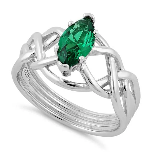 Diamond Wedding Bands-Sterling Silver Celtic Emerald Marquise CZ Ring