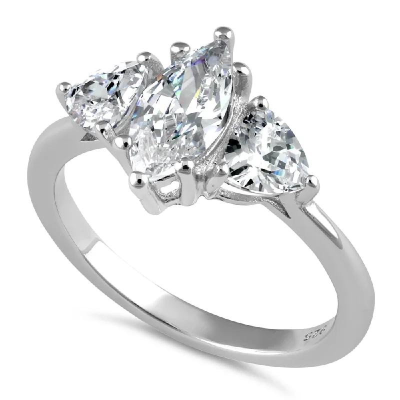 Luxury Wedding Sets-Sterling Silver Marquise Trillion CZ Ring